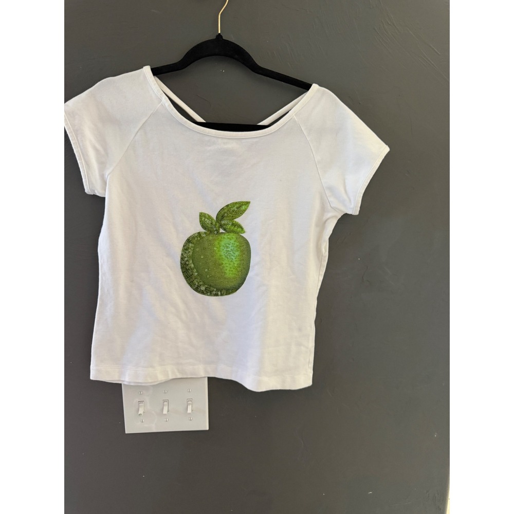 Mendocino White Sequin Green Apple Graphic Baby Tee Criss Cross Back XL